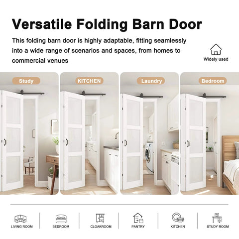 52 Inch By 80 Inch Frosted Glass Bifold Barn Door Kit With 64 Inch Track, installed in various room settings