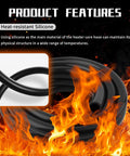 Front view of automotive heater hose, black silicone, coiled with fiery background; inset shows hose cross-section.