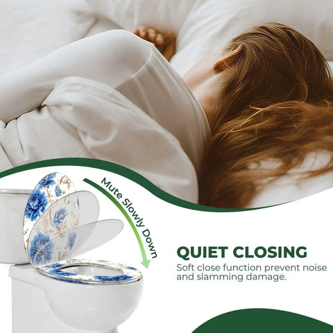 Elongated Toilet Seat Cover Quiet Close with floral design, showing soft close feature and compatibility with toilet.