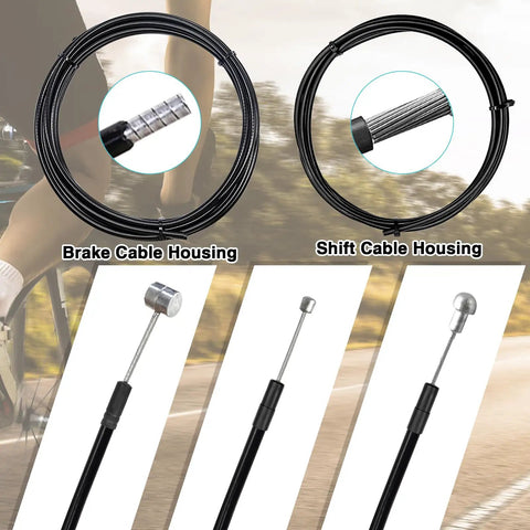 Universal Bicycle Brake Cable And Housing Kit With O Rings And End Caps For Mountain And Road Bikes Two Point Five Meter Black Five Millimeter Thick Cable Housing Sized For Quick Cuts And Easy Length Customization For Your Ride, showing brake and shift cable housing details.