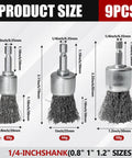 9 Piece Drill Wire Brush Set With Crimped End Knotted Brushes In 0.8, 1, And 1.2 Inch Sizes, 1 Quarter Inch Hex Shank