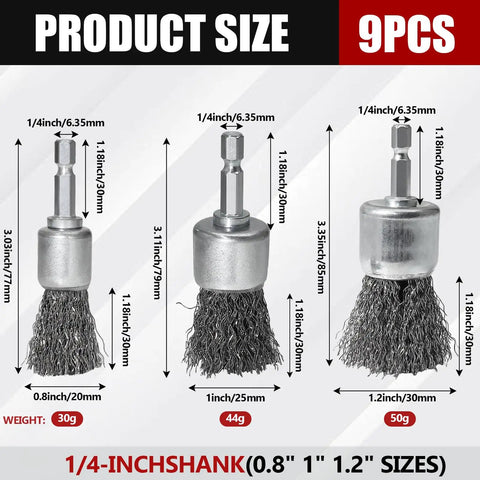 9 Piece Drill Wire Brush Set With Crimped End Knotted Brushes In 0.8, 1, And 1.2 Inch Sizes, 1 Quarter Inch Hex Shank