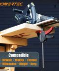 Boss Level 110 Inch Track Saw Guide Rail Kit Fits Makita And Festool Tools With Two 55 Inch Rails mounted on a workbench with clamps.