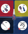 Steps to use 30g Black Adhesive For Shoes Metal And Plastic With Anti Clog Cap Waterproof And Heat Resistant Quick Bond For DIY Projects And Home Repairs The Go To Heavy Duty Glue, showing shake, tap, dab, and dry times.