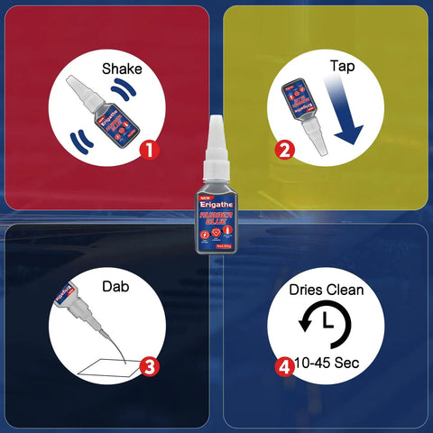 Steps to use 30g Black Adhesive For Shoes Metal And Plastic With Anti Clog Cap Waterproof And Heat Resistant Quick Bond For DIY Projects And Home Repairs The Go To Heavy Duty Glue, showing shake, tap, dab, and dry times.