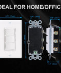 Space Saving Triple Rocker Light Switch With Wall Plate 15A 120V Three Independently Controlled Switches In One Compact White UL And CUL Certified shown front and side with dimensions.