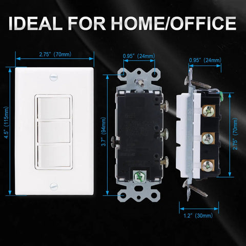 Space Saving Triple Rocker Light Switch With Wall Plate 15A 120V Three Independently Controlled Switches In One Compact White UL And CUL Certified shown front and side with dimensions.