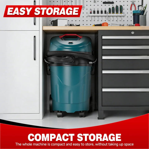 Auto Clean Dust Extractor With Dual Cyclone Pre Separation System, Pro Grade Industrial Vacuum For Woodworking And Sanding, 9 Gallon, 1400W, 19KPa shown stored in a compact space between cabinets in a workshop.