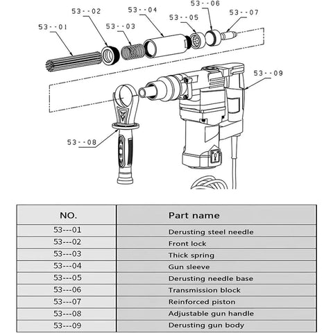 Diagram showing components of Professional Electric Needle Scaler Tool Crankcase 4500 RPM for metalworks and welding.