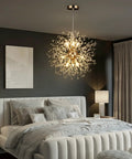 Gold Modern Dandelion Chandelier Pendant Light Fixtures Dope Nine Light Firework Crystal Semi Flush Mount Ceiling Light For Dining Room G9 Sockets Bulbs Not Included Sparkling Contemporary Gold Decor in a bedroom setting