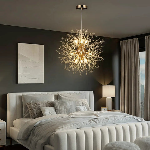 Gold Modern Dandelion Chandelier Pendant Light Fixtures Dope Nine Light Firework Crystal Semi Flush Mount Ceiling Light For Dining Room G9 Sockets Bulbs Not Included Sparkling Contemporary Gold Decor in a bedroom setting