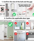Portable Door Lock Latch For Travel And Home Safety, chart showing compatibility with inward doors, bolt and gap sizes displayed