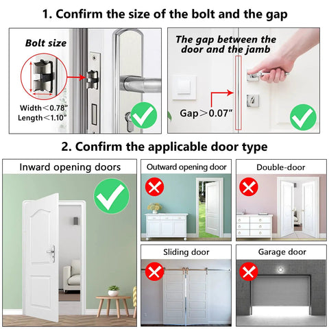 Portable Door Lock Latch For Travel And Home Safety, chart showing compatibility with inward doors, bolt and gap sizes displayed