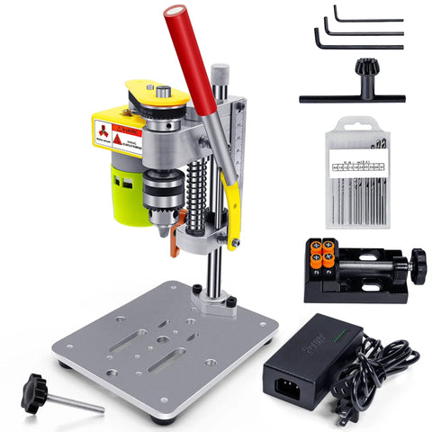 Compact Benchtop Mini Drill Press With Adjustable Speed And A Boss 795 DC Motor B10 Chuck Built For Metal Wood Jewelry And DIY Crafts Portable Lightweight Yellow with accessories