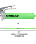 Beefy Pistol Grip Grease Gun Kit with 18 Inch Hose and Coupler, 14 inch gun displayed above green hose, for auto and shop use.