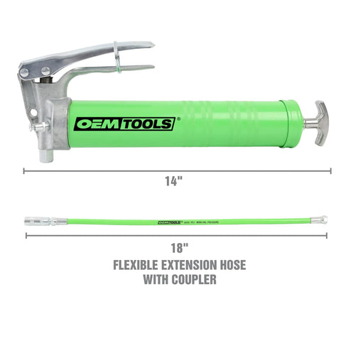 Beefy Pistol Grip Grease Gun Kit with 18 Inch Hose and Coupler, 14 inch gun displayed above green hose, for auto and shop use.
