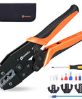 Heavy Duty Wire Crimping Tool For Heat Shrink AWG22 To 10 With 90 Piece Electrical Connectors Kit and portable case displayed on a white background.