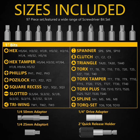 Pro Grade Security Bit Set With 1 Quarter Inch Adapters And Tamperproof Bits For Quick Fixes Including Phillips Slotted Hex Torx Star Pozi Square Spanner Torque Tri Wing Clutch Spline Wing Nut Bits 83 Piece S2 Steel Kit chart