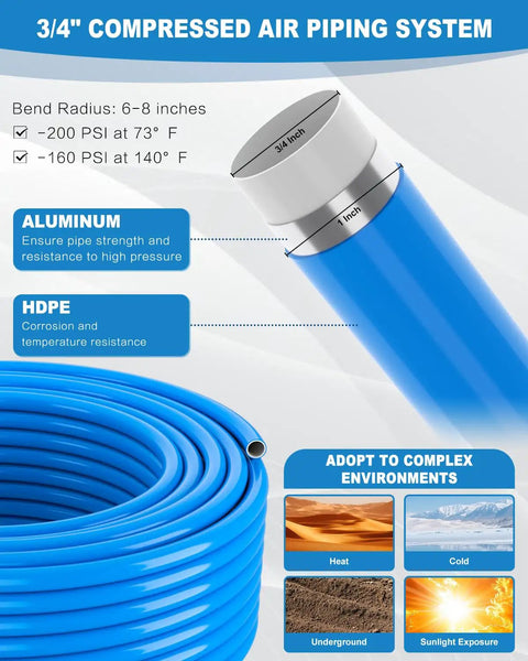 Three Quarter Inch Inside Diameter 200 Feet HDPE Aluminum Compressed Air Piping System Kit For Shop And Garage