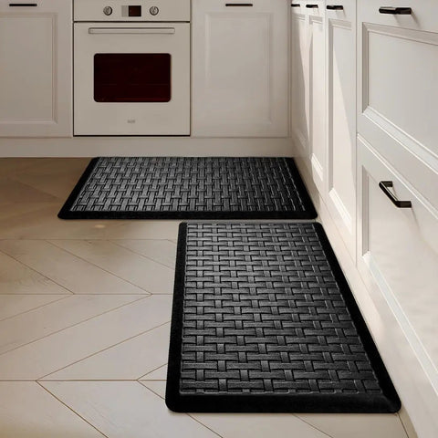 2-Piece Cushioned Anti-Fatigue Kitchen Mats for Floor Waterproof Non-Slip Comfort Standing Rugs Built for Long Kitchen Shifts in Black 17.3x28 Inches Each, two mats placed on kitchen floor