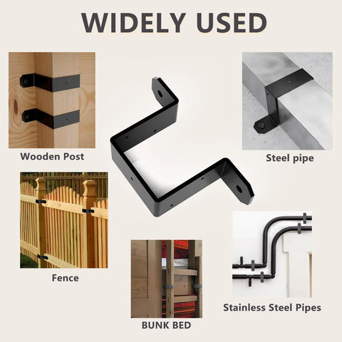 Image showing usage of Beefy 4x4 Post Brackets Set 8 Pack U Fence Brackets For 3.5x3.5 Inch Wood Posts 12 Gauge Steel Strap Ties Black Powder Coat For Wood Decks Fences Pergolas Screws Not Included on wooden post, steel pipe, fence, bunk bed, and stainless steel pipes.
