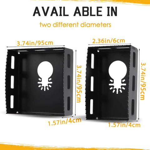 Two Pack Square Slot Cutter For Drywall Outlet Boxes Heavy Duty Oscillating Tool Bit With Precise 2-3/8 By 3-3/4 Inch Or 3-3/4 By 3-3/4 Inch Holes Thick Tough Blade For Rigidity And Long Service Life Fast Outlet Box Openings, shown with 3.74 x 3.74 in size options