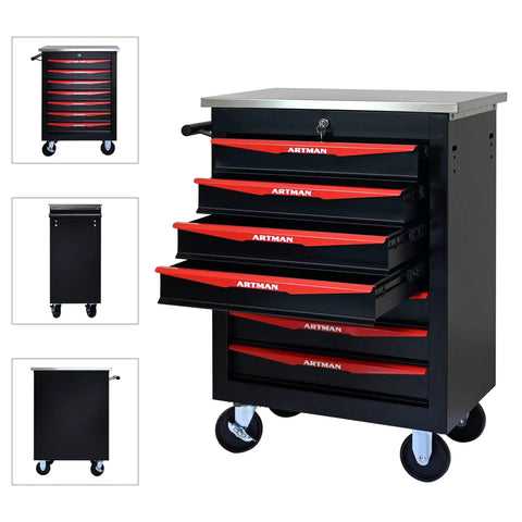Heavy Duty Steel Tool Cabinet With Lock And Ball Bearing Drawers On Mobile Wheels For Garage Or Workshop Smooth Quiet Drawer Operation Secure Tool Storage In Durable Black And Red Finish front and side view