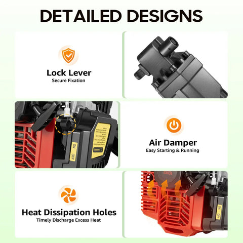 Gas Powered Garden Excavator With Wide Shovel 52cc 2 Stroke Earth Auger features lock lever, air damper, heat dissipation holes.