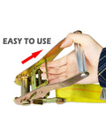 Person adjusting heavy duty ratchet straps 2 inch by 27 foot cargo straps with hooks 10000 lbs working load limit, close-up