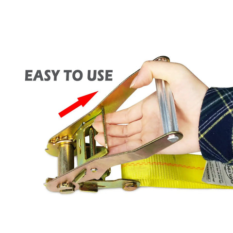 Person adjusting heavy duty ratchet straps 2 inch by 27 foot cargo straps with hooks 10000 lbs working load limit, close-up