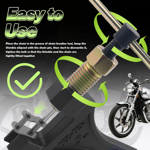 Heavy Duty Motorcycle Chain Breaker Kit With 420 Master Link And Breaker Thimble, tool demonstration with text 'Easy to Use'