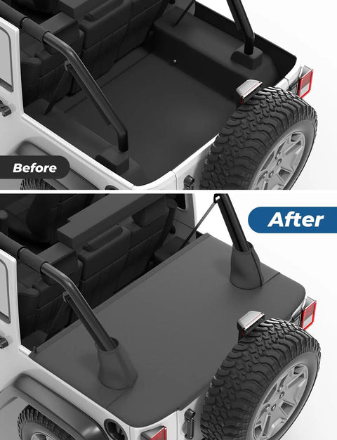 Rugged Tonneau Cover For Wrangler JK 4 Door 2007 To 2018 JKU Cargo Trunk Tailgate Cover installed on Jeep showing before and after