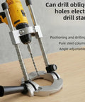 Portable Drill Guide With 90 Degree Adjustable Drill Press Attachment for angled and straight holes on a wooden surface.