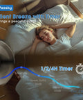 Woman sleeping peacefully with a 52 Inch Ceiling Fan With Light And Remote, Dimmable 3CCT, Reversible, Quiet Noiseless Black Ceiling Fan For Bedroom And Living Room, Energy Efficient Fast Cooling above.