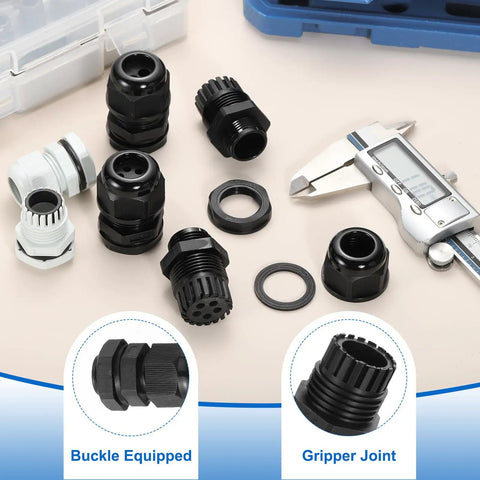 30 Pcs M25 Cable Gland Set For 12 To 15mm Wire Holes Waterproof Nylon Joint displayed with caliper and parts
