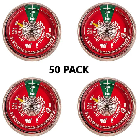 50 Pack 100 PSI UL Rated Stainless Steel Water Fire Extinguisher Gauge with red dial pressure indicator.