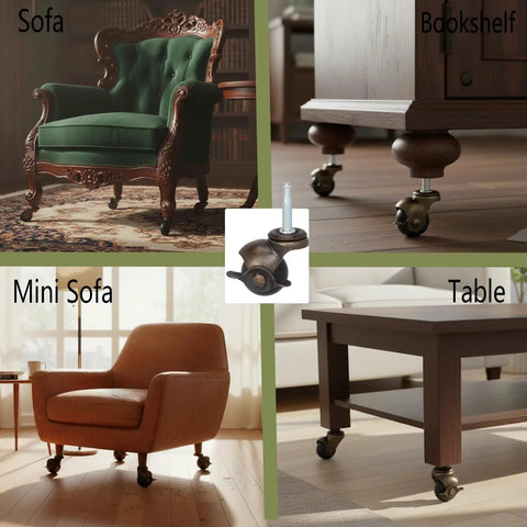 Heavy Duty 1.5 Inch Ball Casters With Secure Lock Brake Furniture Movers Set Of 4 Smooth Polyurethane Rollers supporting sofa and table.