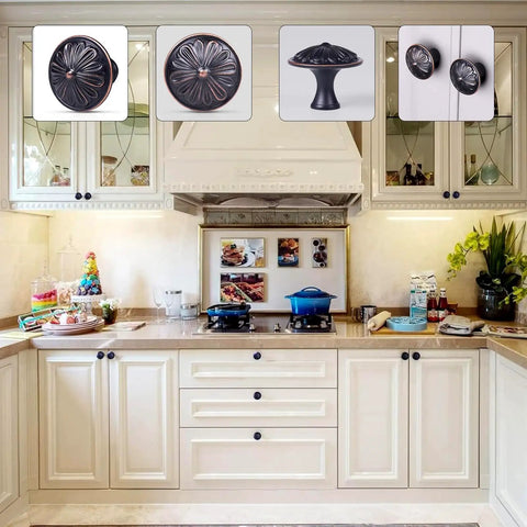 Rock Solid 8 Pack Oil Rubbed Bronze Cabinet Knobs Featuring Heavy Duty Floral Details For Rustic Kitchen Cabinetry And Dresser Drawers Finished In Antiqued Bronze displayed on white cabinetry.