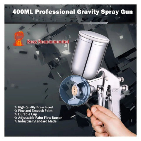 Heavy Duty F-75 Spray Gun With Aluminum Cup And Silver Handle For Car Auto Bodywork Or Furniture Painting Adjustable Nozzle Control, 400ml capacity, brass hood.