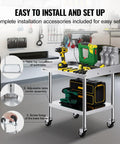 Stainless Steel Work Table 24 x 28 x 30 Inch With Four Casters And Three Sided Backsplash, tools displayed on table