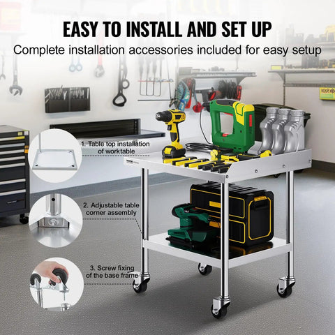 Stainless Steel Work Table 24 x 28 x 30 Inch With Four Casters And Three Sided Backsplash, tools displayed on table
