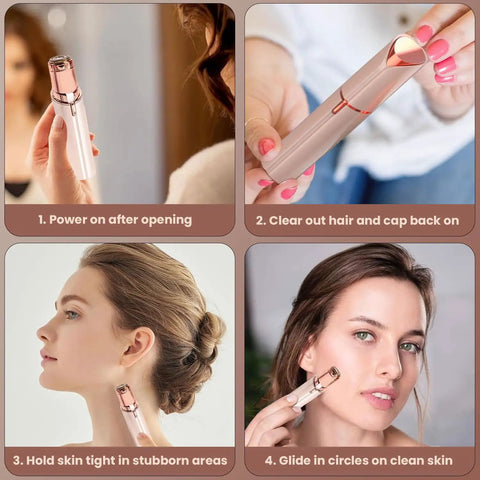 Four-step guide using Go-To Facial Hair Remover For Women With Built-In Light And Stainless Steel Blade, Champagne electric razor
