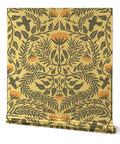 Premium Bluebird Damask Gold Metallic Wallpaper Eco Friendly Fibrous Texture featuring vibrant floral design and birds.