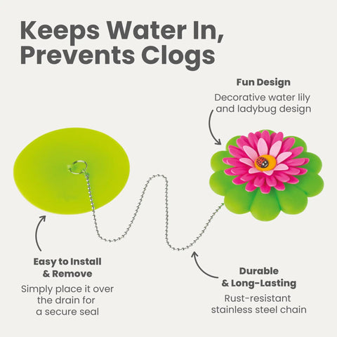 Flower Power Bathtub Drain Stopper With Chain Pink Green Universal 4 1 4 Inch Bath Plug No Sweat Installation fits standard drains with a decorative design.