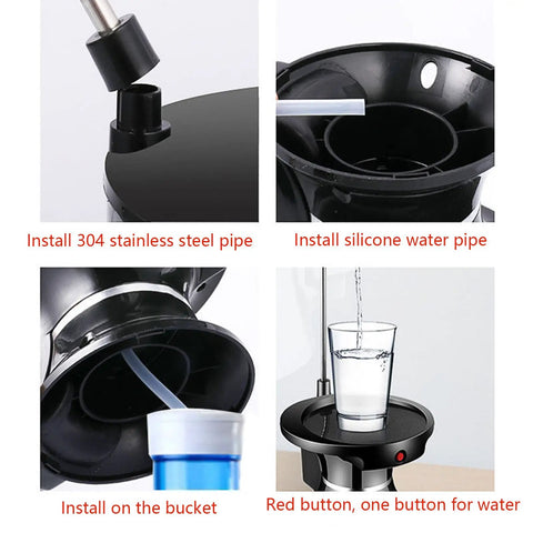 Installation steps for 5 Gallon Water Dispenser Pump With Tray, USB Rechargeable, BPA Free detailing pipe and button features