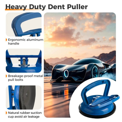 Three Piece Auto Dent Repair Kit With 4.9 Inch Large Puller And 2.4 Inch Small Pullers, Aluminum Car Dent Remover, Versatile Suction Cup Lifter For Dings, Dents, Hail Damage, Glass And More. Blue aluminum suction cup dent puller with rubber base