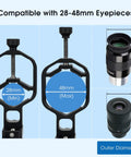 Universal Phone Adapter for Telescope and Spotting Scope With 3 Axis Adjustable Holder and Remote, showing 28-48mm eyepiece fit