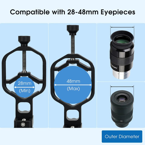 Universal Phone Adapter for Telescope and Spotting Scope With 3 Axis Adjustable Holder and Remote, showing 28-48mm eyepiece fit