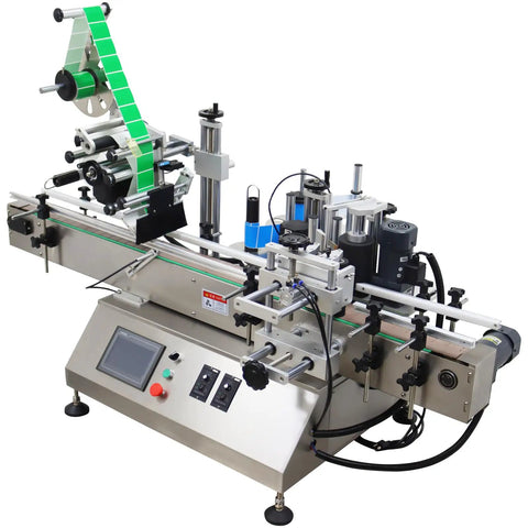 Bulletproof Stainless Steel Desktop Auto Labeling Machine Slick Top And Side Applicator Heavy Duty Packaging Gear with control panel and labels.