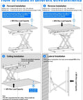 DIHOOL electric scissor lift table installation diagram with four panels showing the lifting platform.